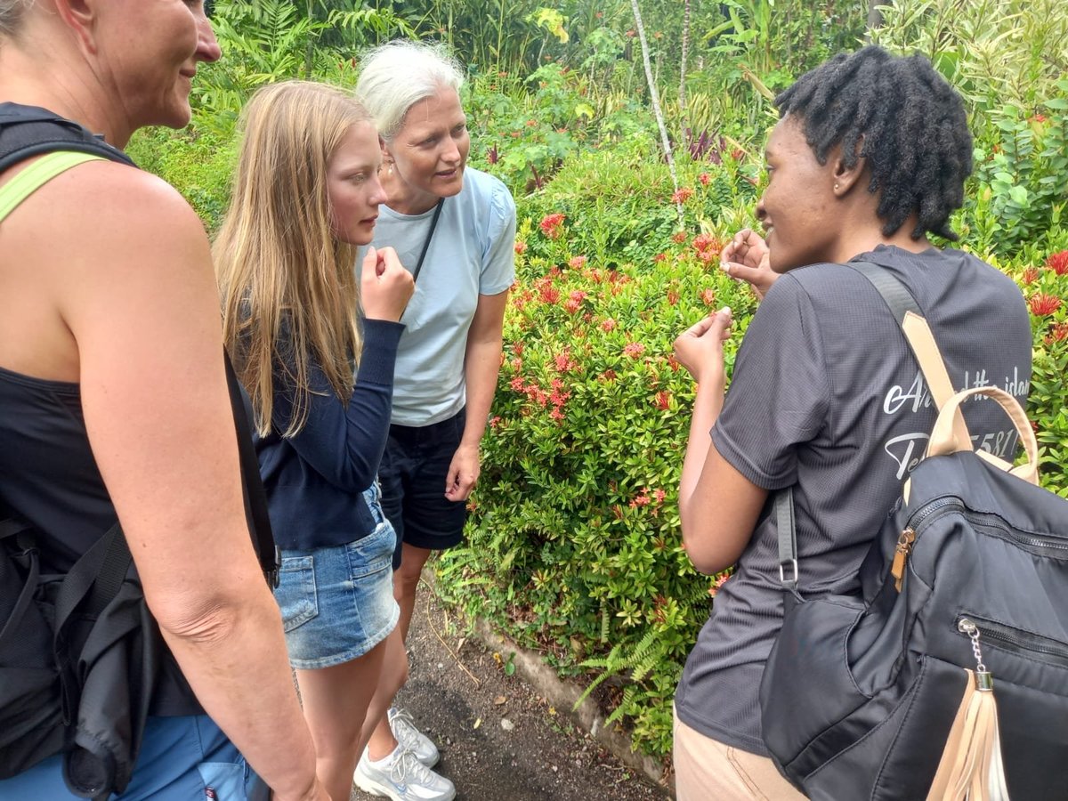 Four people having an outdoor conversation in a garden with green foliage and red flowers in the background