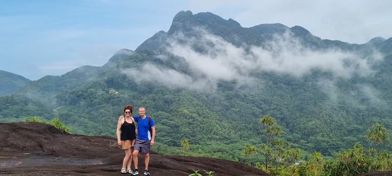 Two people standing on a log overlooking misty mountain peaks and lush green forest valley