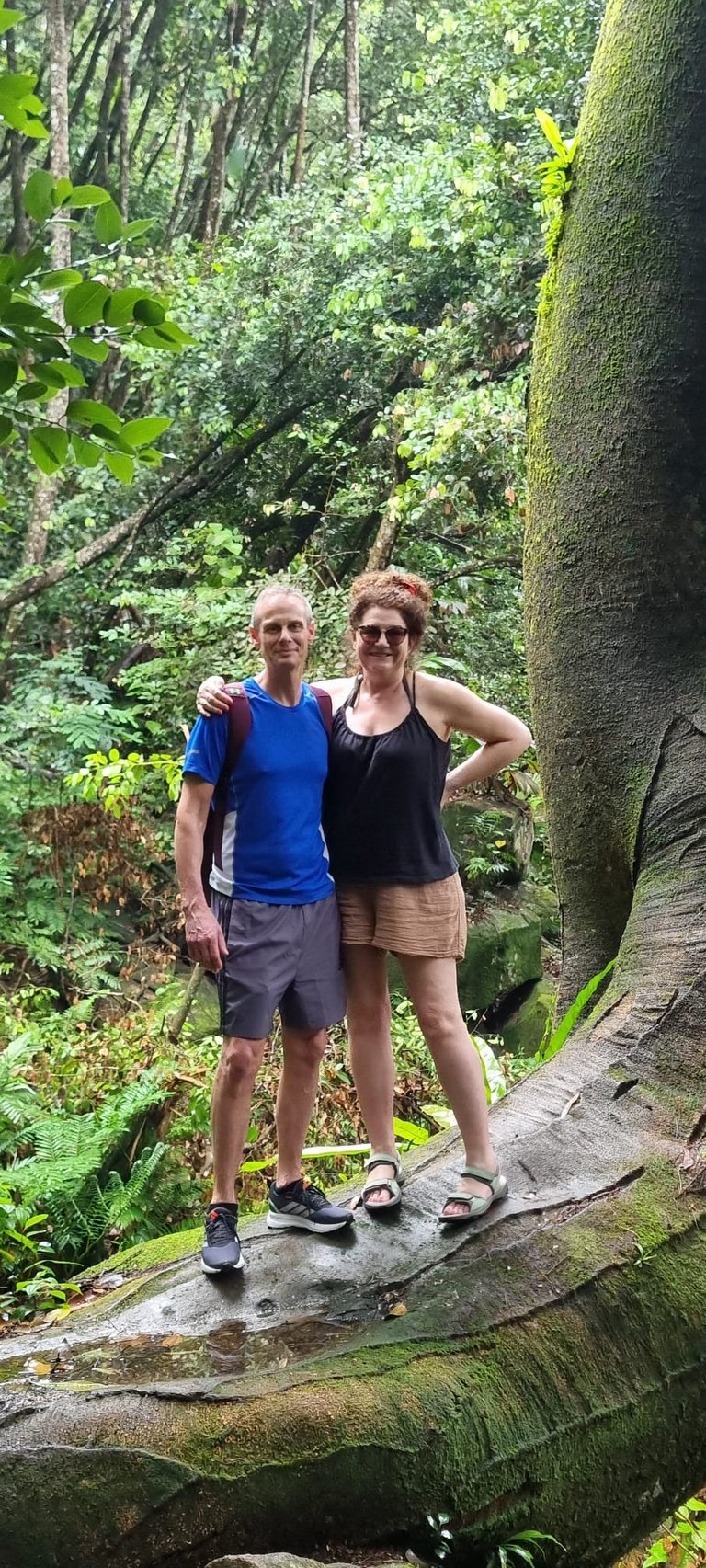 Two people posing together on a mossy log in a lush green forest surrounded by tall trees and dense vegetation