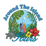 Around The Island Tours logo with tropical scene featuring two people, turtle, flowers, ocean, and island vegetation
